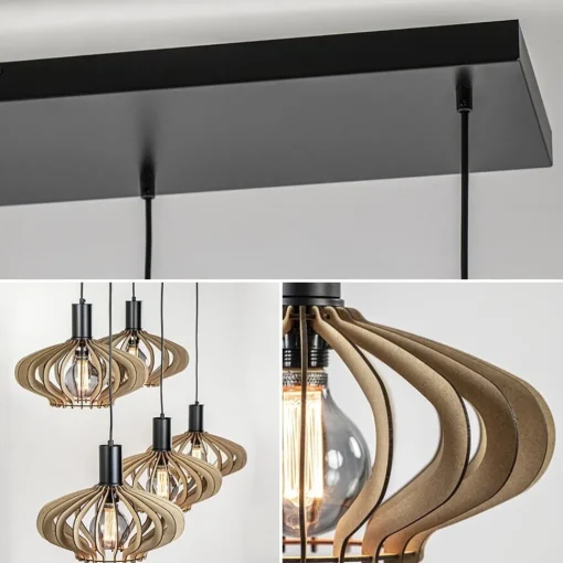 Straluma 5-Lichts hanglamp zwart met naturel houten kappen> Eettafellampen|Keukenverlichting