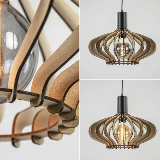 Straluma 5-Lichts hanglamp zwart met naturel houten kappen> Eettafellampen|Keukenverlichting