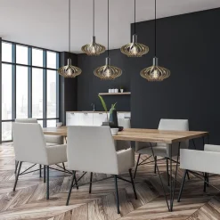 Straluma 5-Lichts hanglamp zwart met naturel houten kappen></noscript> Eettafellampen|Keukenverlichting