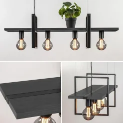 Straluma 4-Lichts hanglamp zwart met zwarte houten planken></noscript> Eettafellampen|Eetkamerverlichting