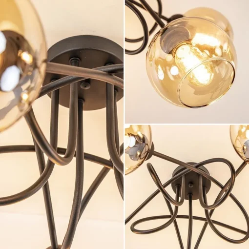 Straluma 5-Lichts klassieke plafondlamp zwart met amber glazen bollen> Plafondlampen|Klassieke Verlichting