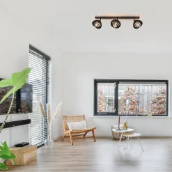 Straluma 3-Lichts plafondlamp zwart met verstelbare houten kappen></noscript> Plafondlampen|Botanische Verlichting