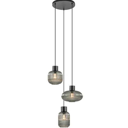 Straluma 3-Lichts ronde eettafelhanglamp zwart met smoke glas> Eettafellampen|Pendel Lampen