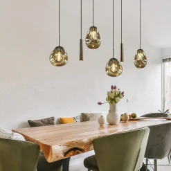 Straluma Luxe 6-lichts hanglamp met goud glas en cilinders></noscript> Eettafellampen|Eetkamerverlichting
