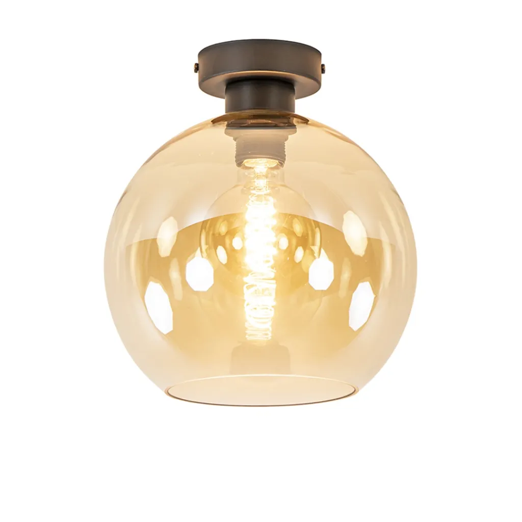 Straluma Mat zwarte plafondlamp met amber glazen bol> Plafondlampen|Klassieke Verlichting