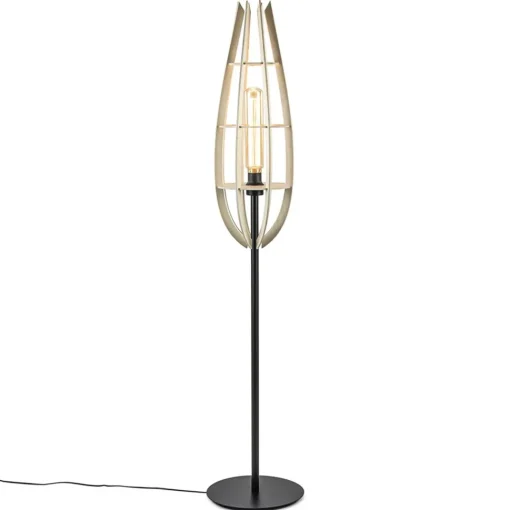 Straluma Mat zwarte vloerlamp met houten kap naturel> Vloerlampen|Botanische Verlichting