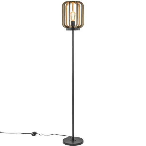 Straluma Mat zwarte vloerlamp met ruwe houten kap> Kooilampen|Woonkamerlampen