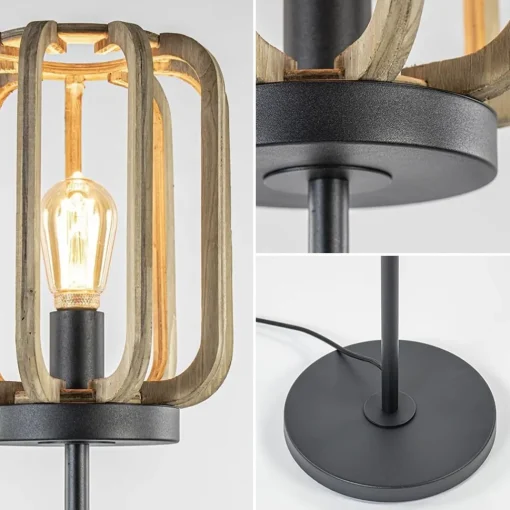 Straluma Mat zwarte vloerlamp met ruwe houten kap> Kooilampen|Woonkamerlampen