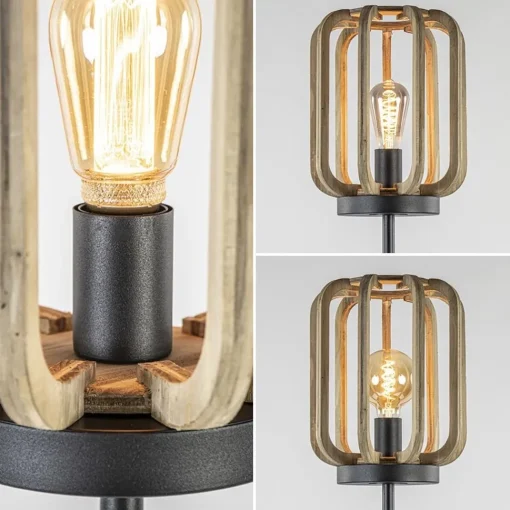 Straluma Mat zwarte vloerlamp met ruwe houten kap> Kooilampen|Woonkamerlampen