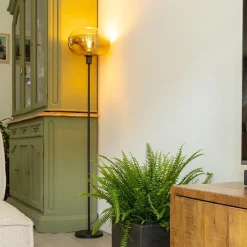 Straluma Mat zwarte vloerlamp met glazen kap helder/goud></noscript> Vloerlampen|Luxe Verlichting