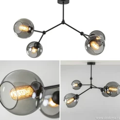 Straluma Plafondlamp 4-armen zwart+smoke bolglas> Keukenverlichting|Eetkamerverlichting
