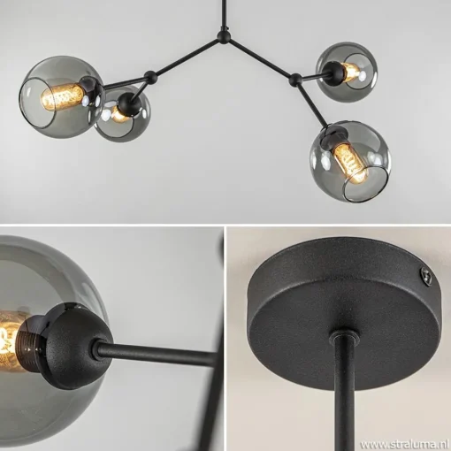 Straluma Plafondlamp 4-armen zwart+smoke bolglas> Keukenverlichting|Eetkamerverlichting