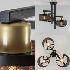 Straluma Plafondlamp 3L zwart/goud cilinder geperforeerd></noscript> Halverlichting|Plafondlampen