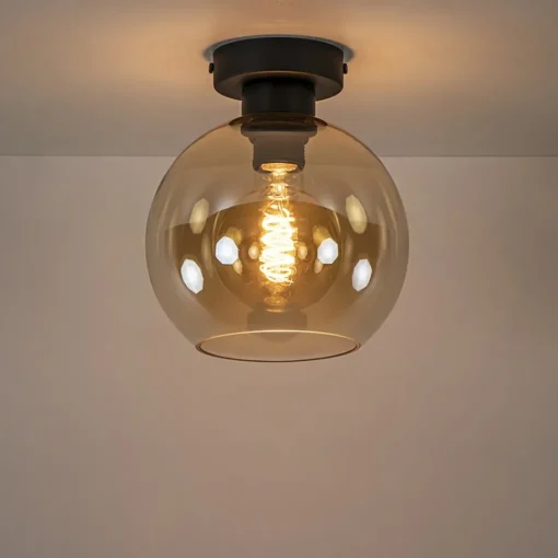 Straluma Plafondlamp zwart met amber glas 20 cm> Plafondlampen|Klassieke Verlichting