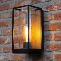 Straluma Rechthoekige buitenlamp zwart met houtlook en glas></noscript> Wandlampen|Buitenlampen