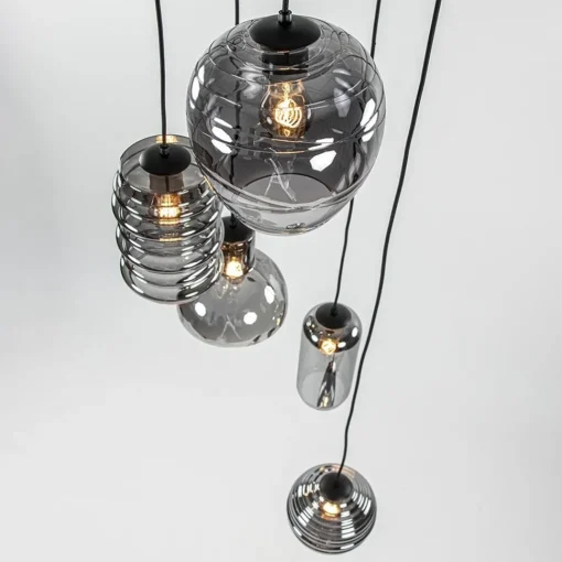 Straluma Ronde 5-lichts hanglamp zwart met diverse smoke glazen> Keukenverlichting|Halverlichting