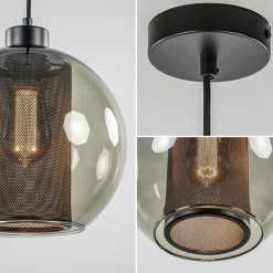 Straluma Smoke glazen hanglamp bol met zwarte gaas cilinder></noscript> Nachtkastlampen|Pendel Lampen