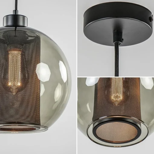 Straluma Smoke glazen hanglamp bol met zwarte gaas cilinder> Nachtkastlampen|Pendel Lampen