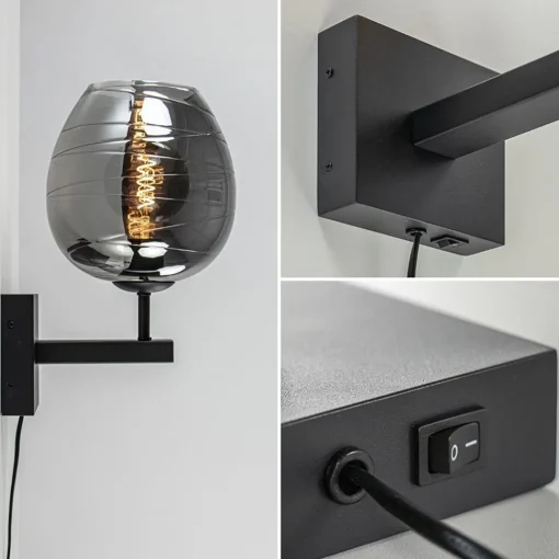 Straluma Smoke glazen wandlamp met zwart inclusief snoer> Halverlichting|Wandlampen