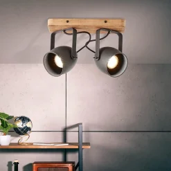 Straluma Spot 2-lichts zwart met hout></noscript> Plafondlampen|Opbouwspots