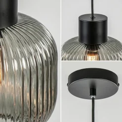 Straluma Stijlvolle hanglamp smoke glas geribbeld met zwart></noscript> Woonkamerlampen|Slaapkamerlampen