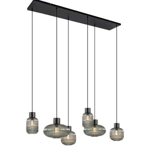 Straluma Stijlvolle 6-lichts eettafelhanglamp zwart met smoke glas> Eettafellampen|Pendel Lampen