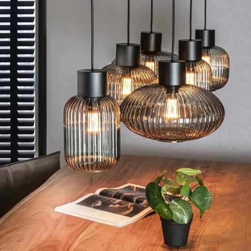 Straluma Stijlvolle 6-lichts eettafelhanglamp zwart met smoke glas> Eettafellampen|Pendel Lampen