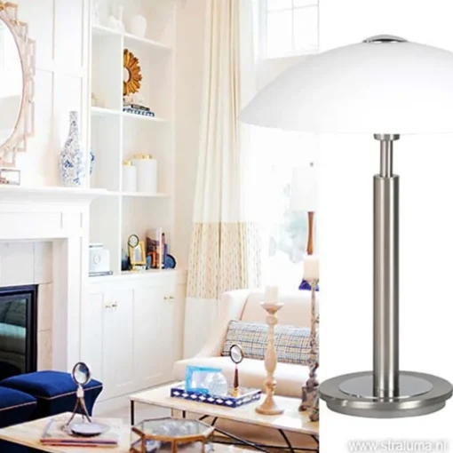 Straluma Tafellamp nikkel/glas wit + touchdimmer> Nachtkastlampen|Touch Lampen