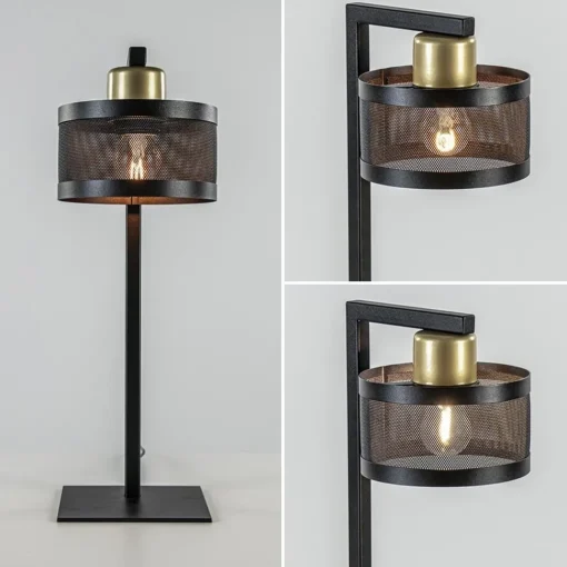 Straluma Tafellamp zwart/goud met ronde kap> Tafellampen|Landelijke Verlichting
