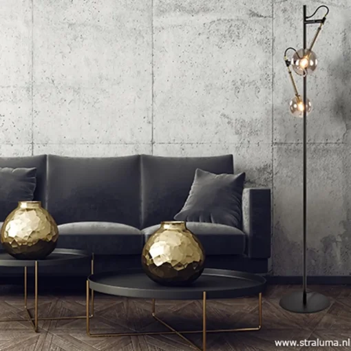 Straluma Vloerlamp Globe 2-L zwart/goud smokeglas> Slaapkamerlampen|Kantoorverlichting