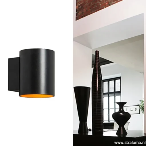 Straluma Wandlamp cilinder zwart/goud> Woonkamerlampen|Slaapkamerlampen